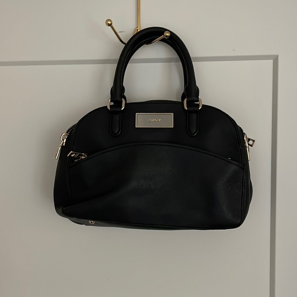 Authentic  DKNY black leather gold hardware multi compartment purse